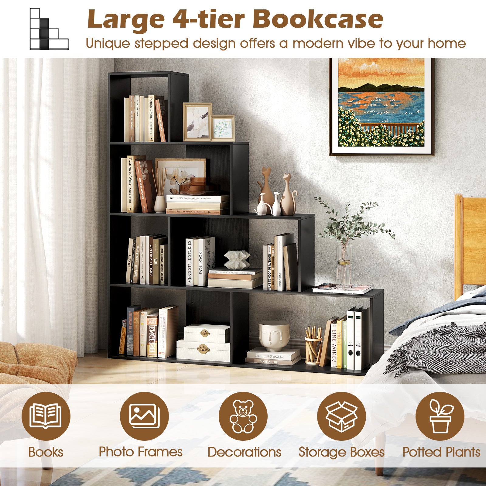 4-Tier Stepped Bookshelf, 6 Storage Cubes, Black Bookcases at Gallery Canada