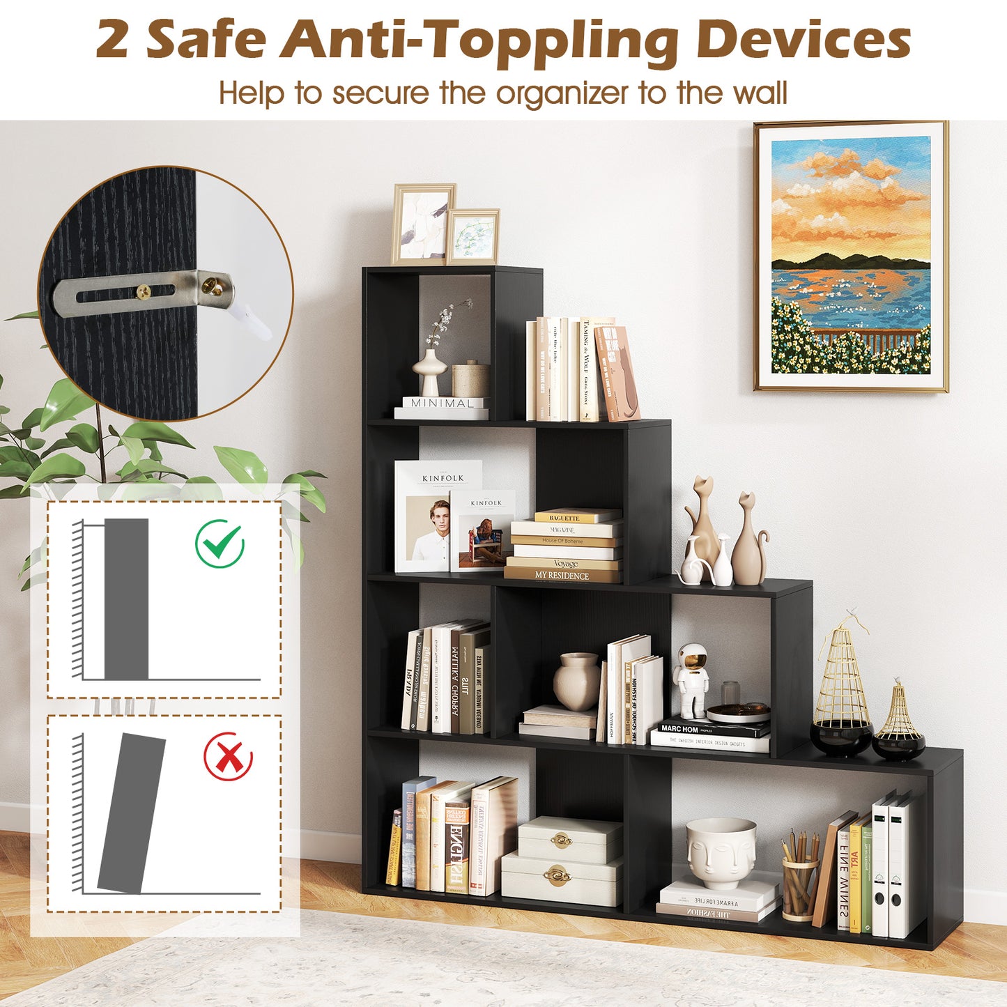 4-Tier Stepped Bookshelf, 6 Storage Cubes, Black Bookcases at Gallery Canada