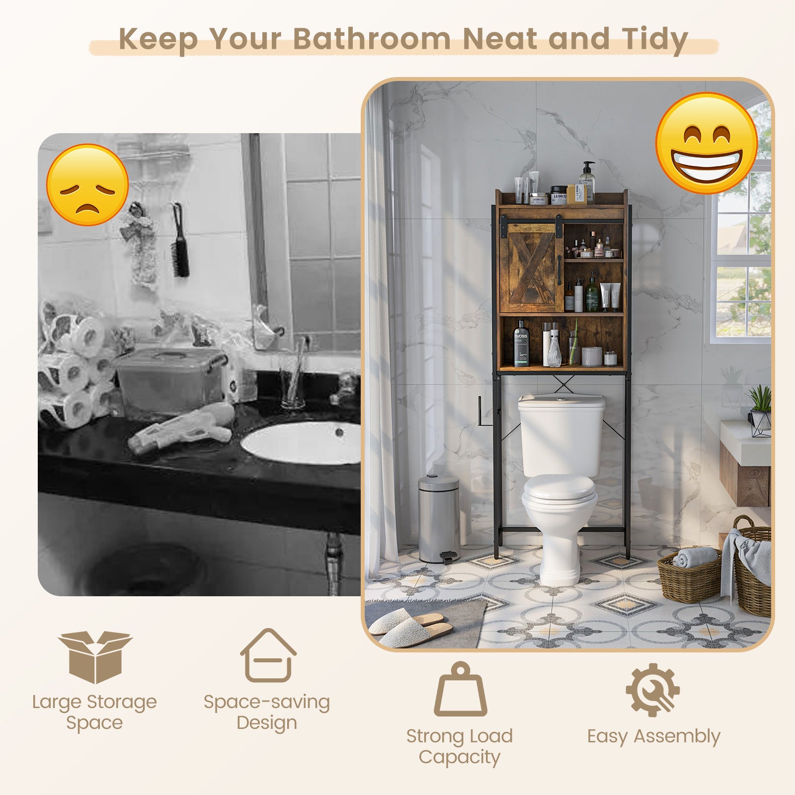 4-Tier Multifunctional Toilet Sorage Cabinet with Adjustable Shelf and Sliding Barn Door, Rustic Brown Bathroom Etagere at Gallery Canada