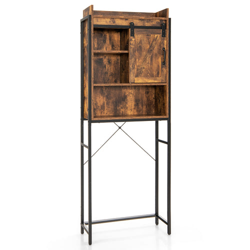 4-Tier Multifunctional Toilet Sorage Cabinet with Adjustable Shelf and Sliding Barn Door, Rustic Brown