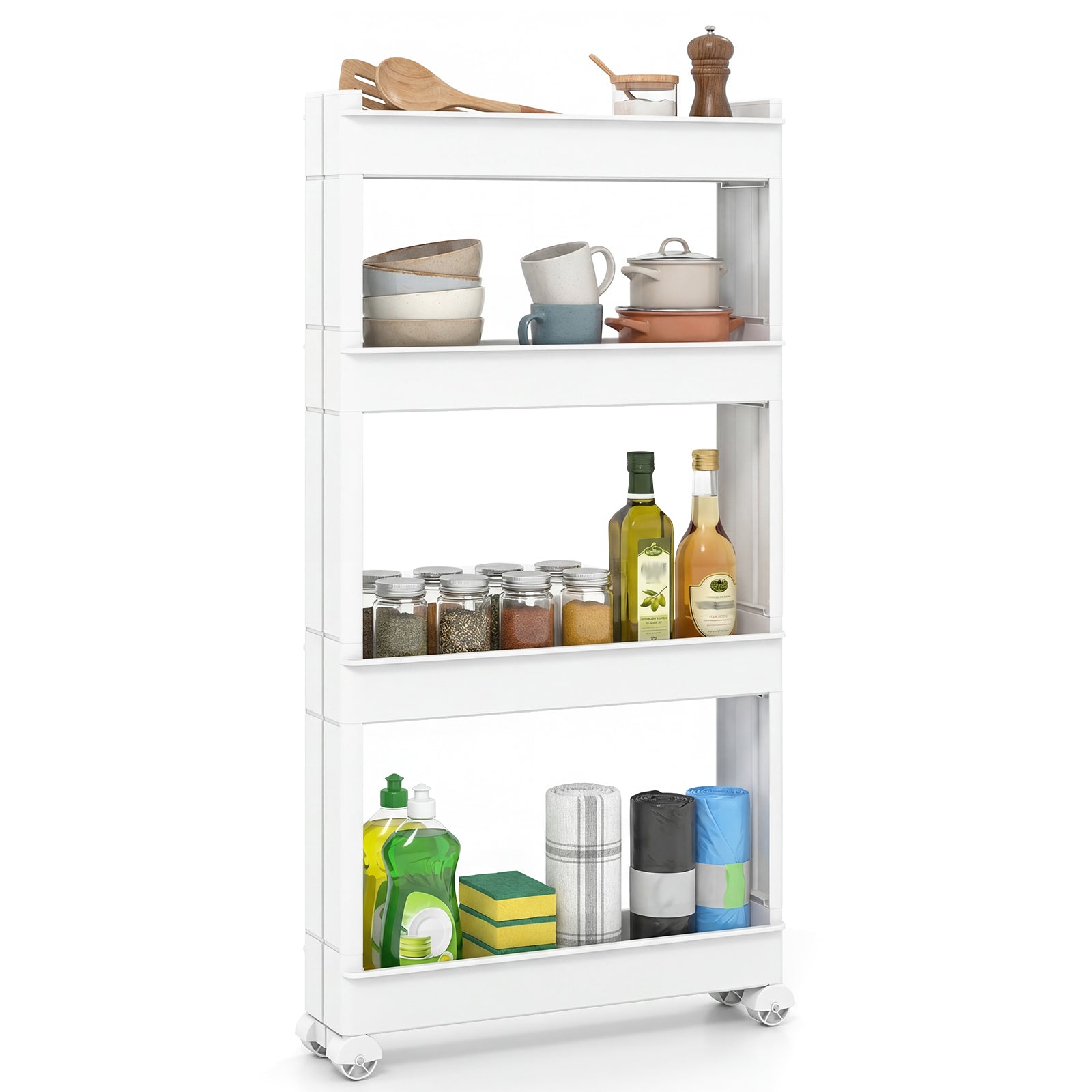 4-Tier Multifunctional Slim Storage Trolley with Detachable Trays, White Kitchen Islands & Carts at Gallery Canada