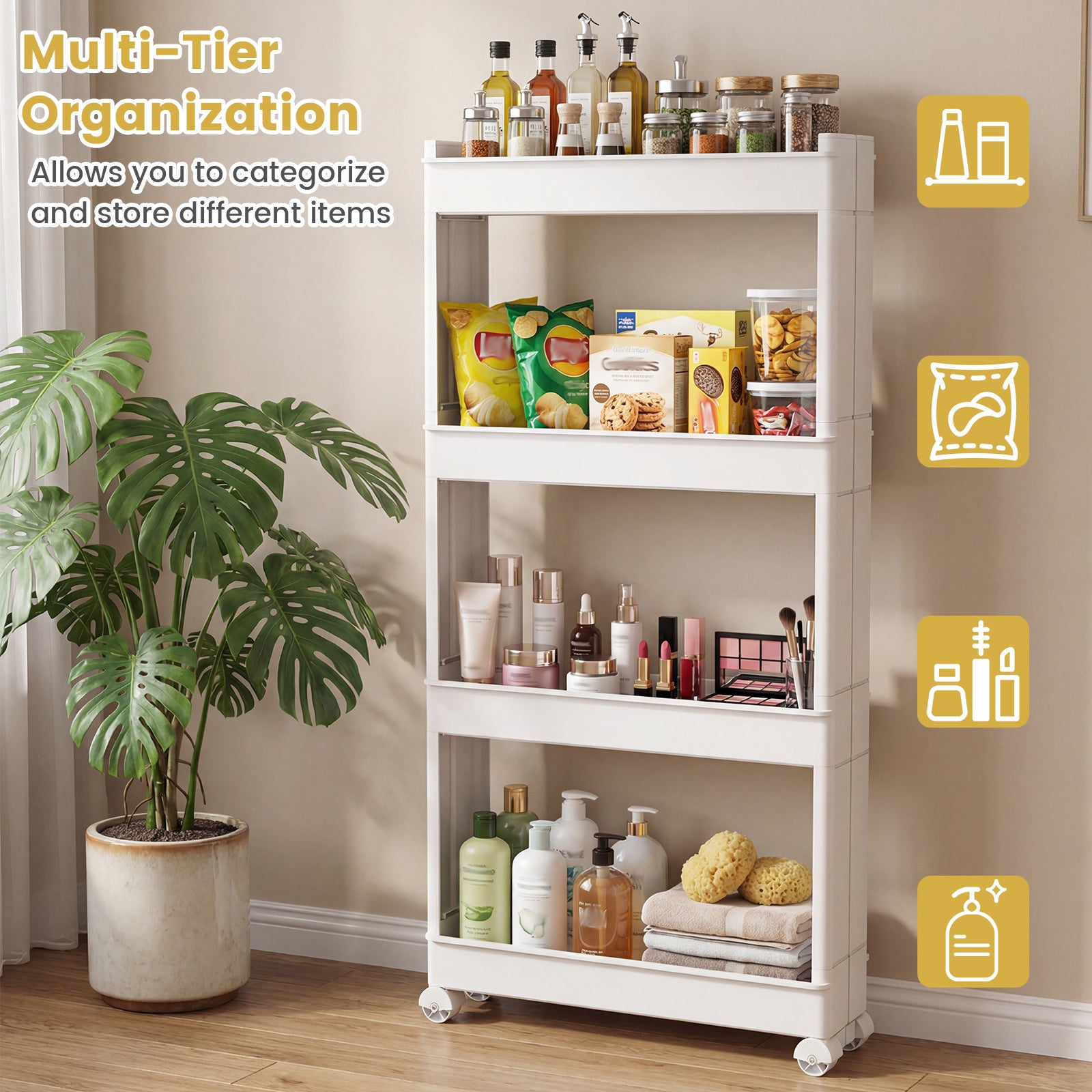 4-Tier Multifunctional Slim Storage Trolley with Detachable Trays, White Kitchen Islands & Carts at Gallery Canada