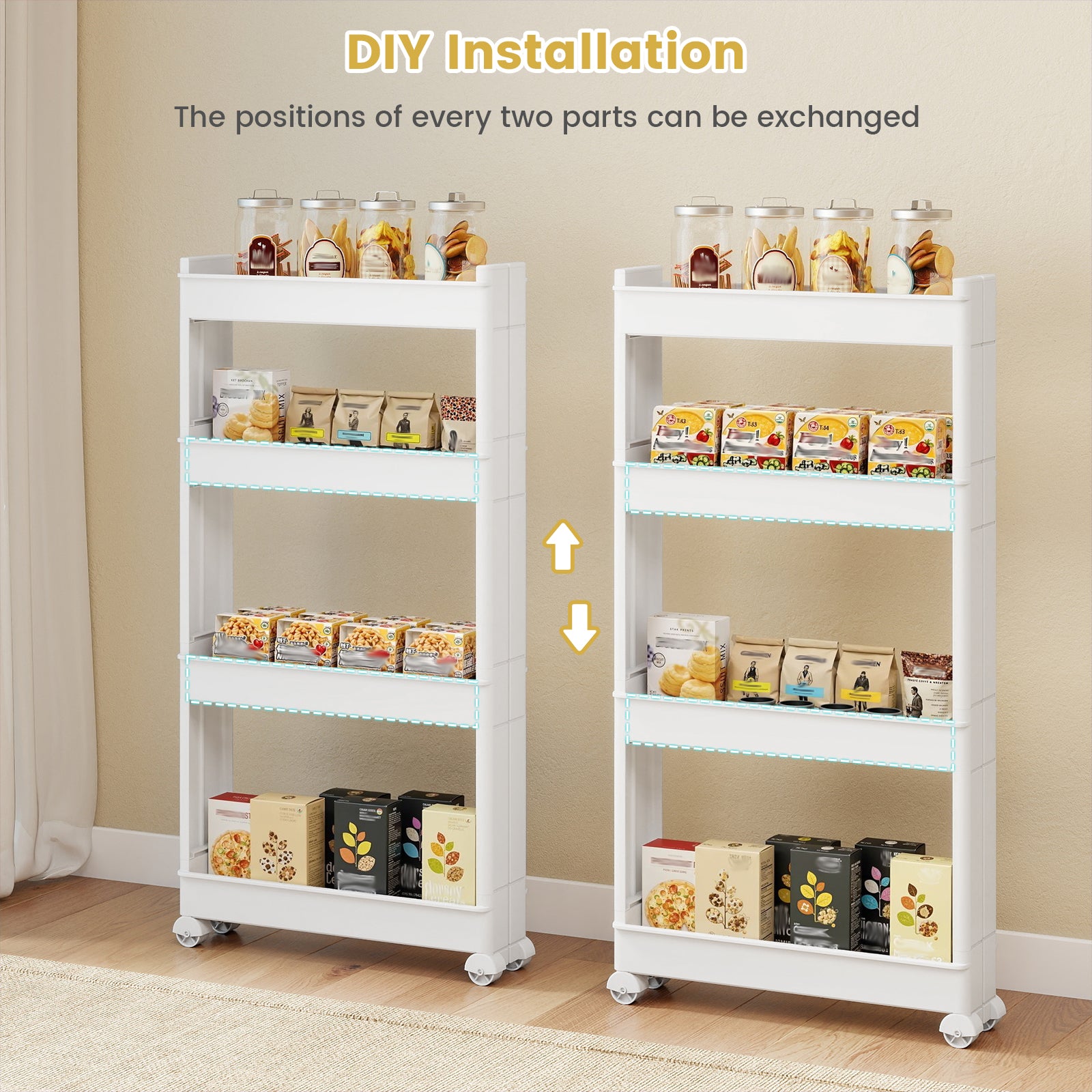 4-Tier Multifunctional Slim Storage Trolley with Detachable Trays, White Kitchen Islands & Carts at Gallery Canada