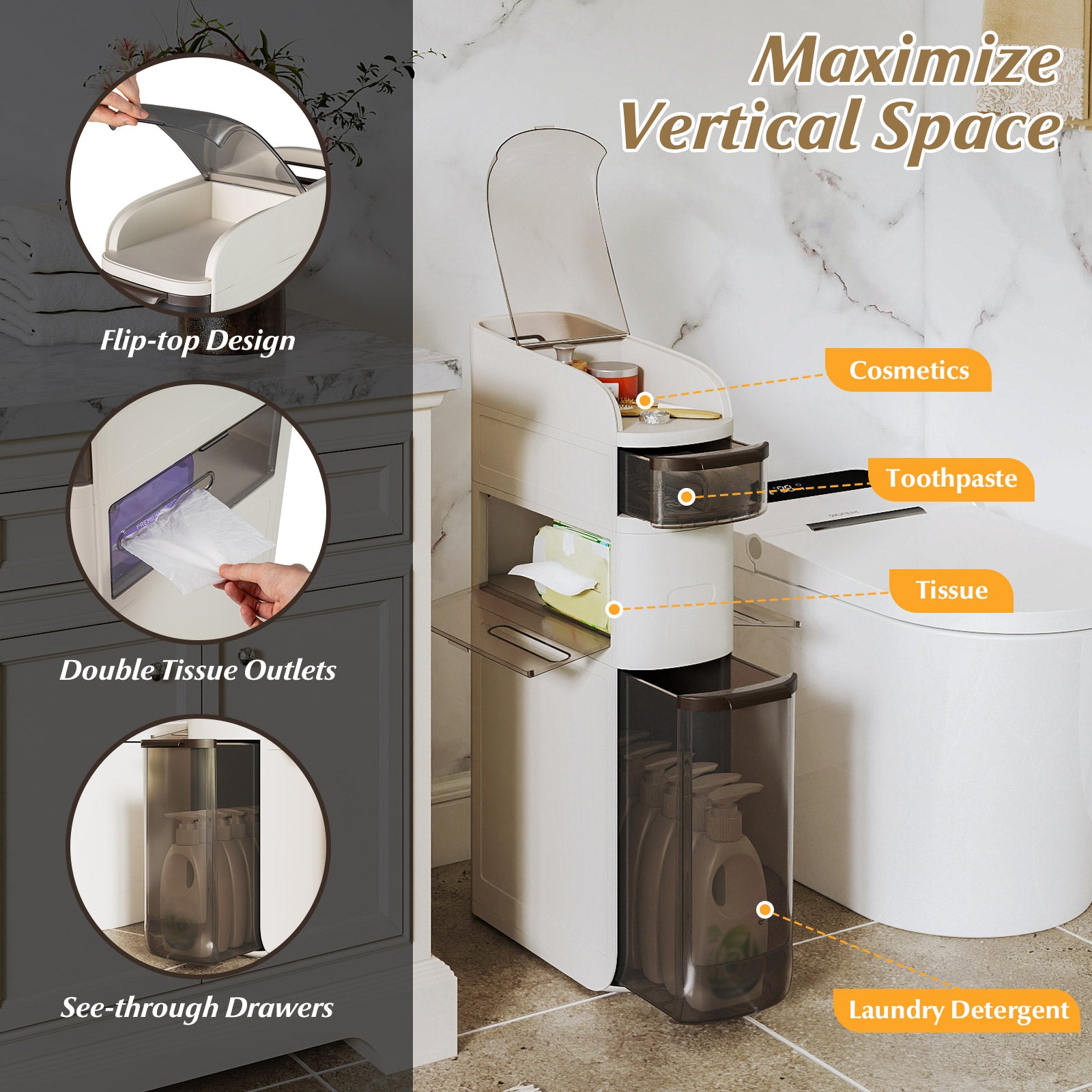 4-Tier Narrow Bathroom Storage Cabinet With Drawers, Tissue Box Floor Cabinets at Gallery Canada