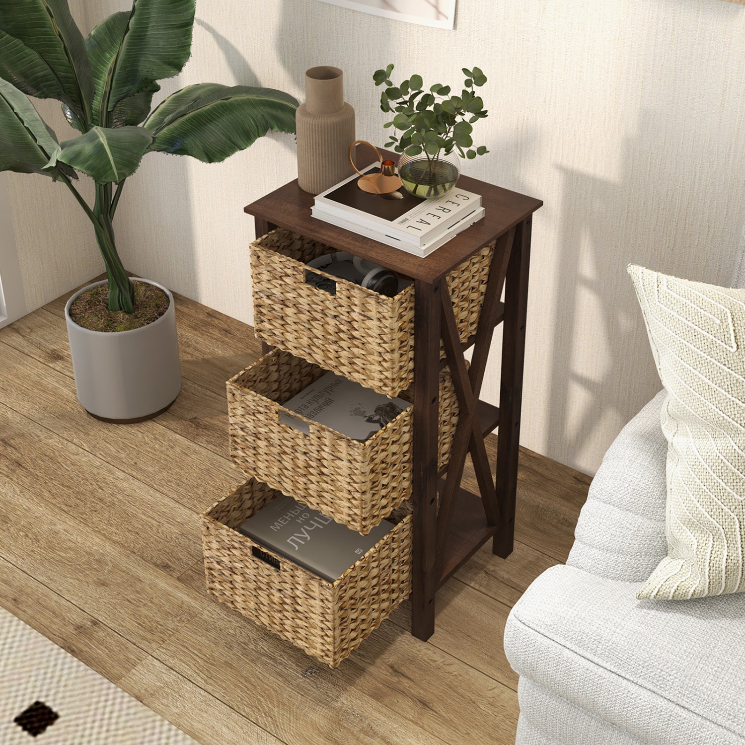 3-Tier Nightstand With 3 Seagrass Baskets, Narrow X-Design, Walnut Nightstands at Gallery Canada
