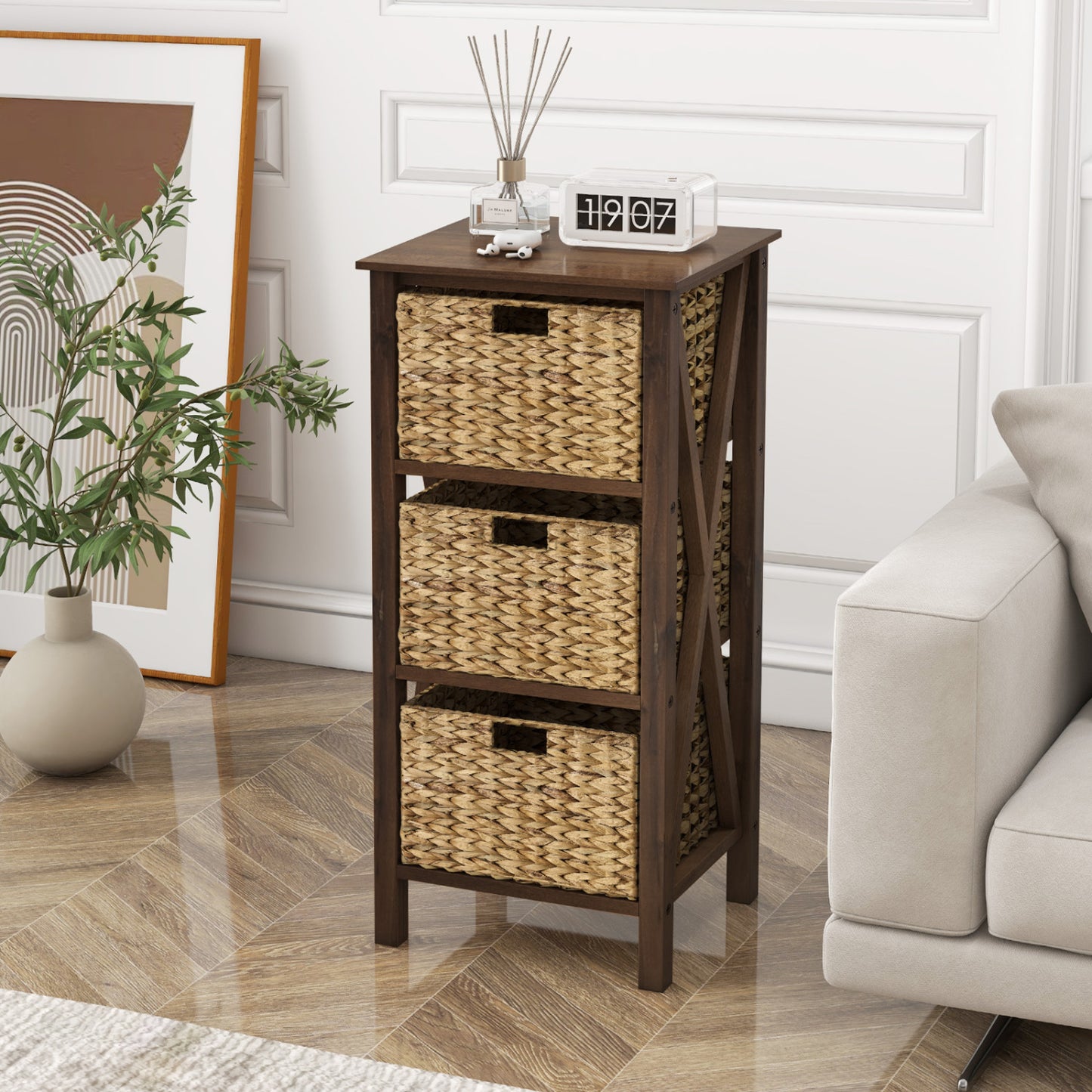 3-Tier Nightstand With 3 Seagrass Baskets, Narrow X-Design, Walnut Nightstands at Gallery Canada