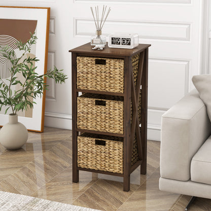 3-Tier Nightstand With 3 Seagrass Baskets, Narrow X-Design, Walnut Nightstands at Gallery Canada