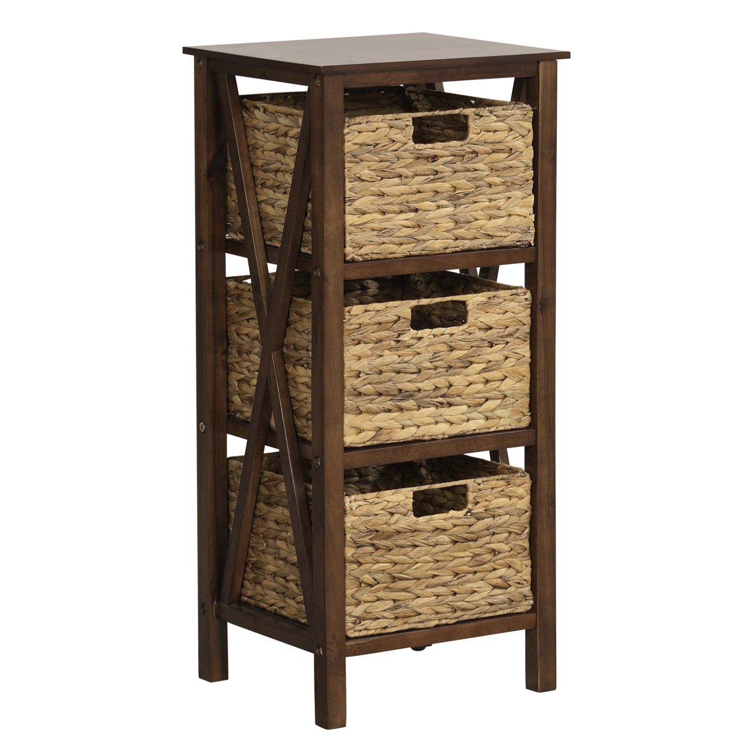 3-Tier Nightstand With 3 Seagrass Baskets, Narrow X-Design, Walnut Nightstands Walnut at Gallery Canada