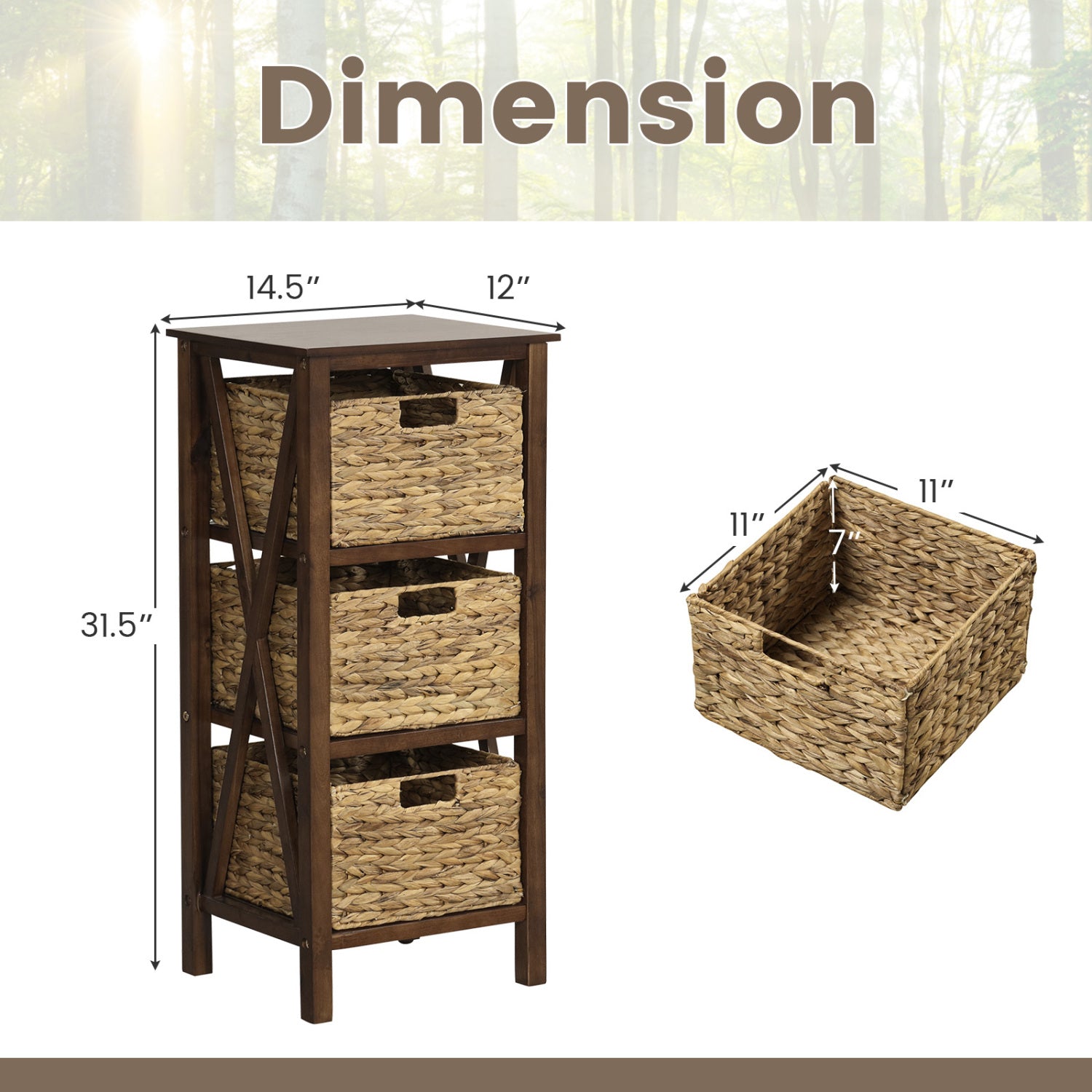 3-Tier Nightstand With 3 Seagrass Baskets, Narrow X-Design, Walnut Nightstands at Gallery Canada