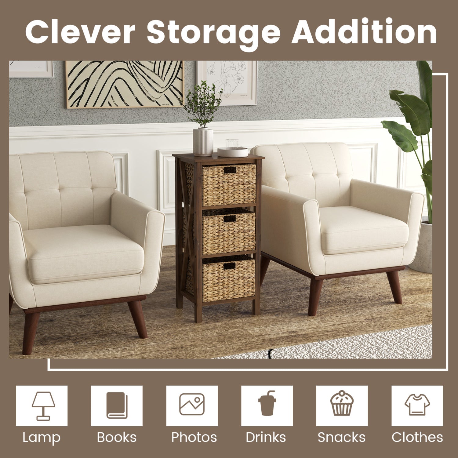 3-Tier Nightstand With 3 Seagrass Baskets, Narrow X-Design, Walnut Nightstands at Gallery Canada