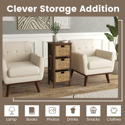 3-Tier Nightstand With 3 Seagrass Baskets, Narrow X-Design, Walnut Nightstands at Gallery Canada