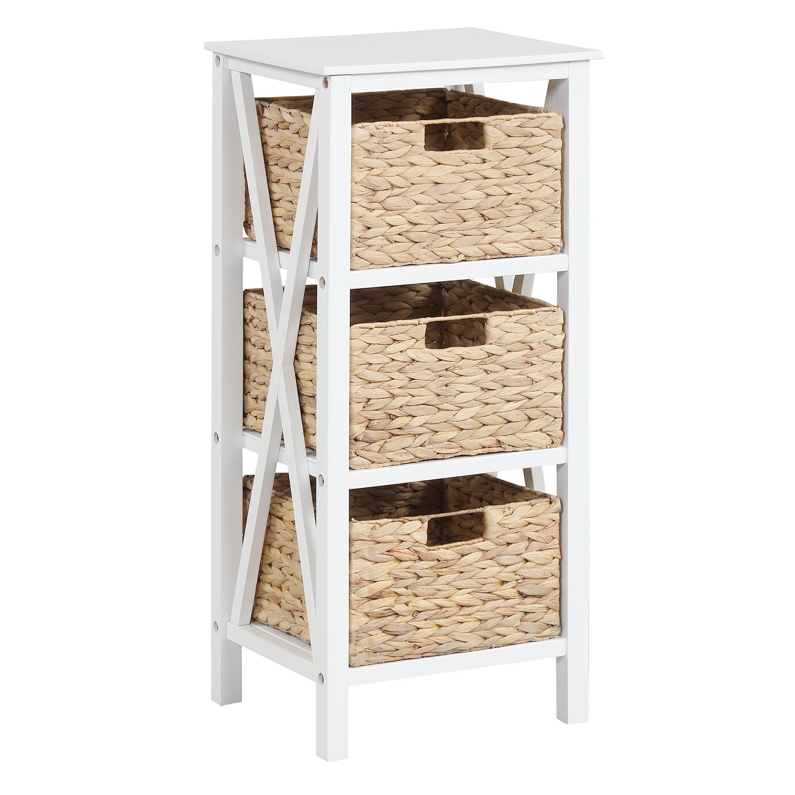 4-Tier Nightstand, 3 Seagrass Baskets, Narrow X-Design, White Nightstands White at Gallery Canada