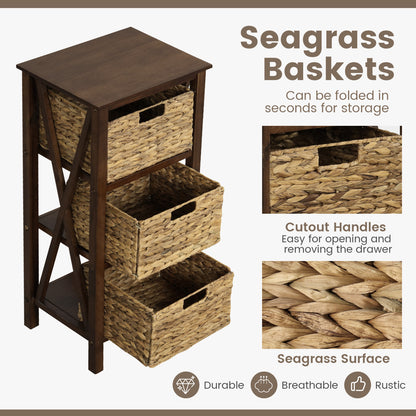 3-Tier Nightstand With 3 Seagrass Baskets, Narrow X-Design, Walnut Nightstands at Gallery Canada