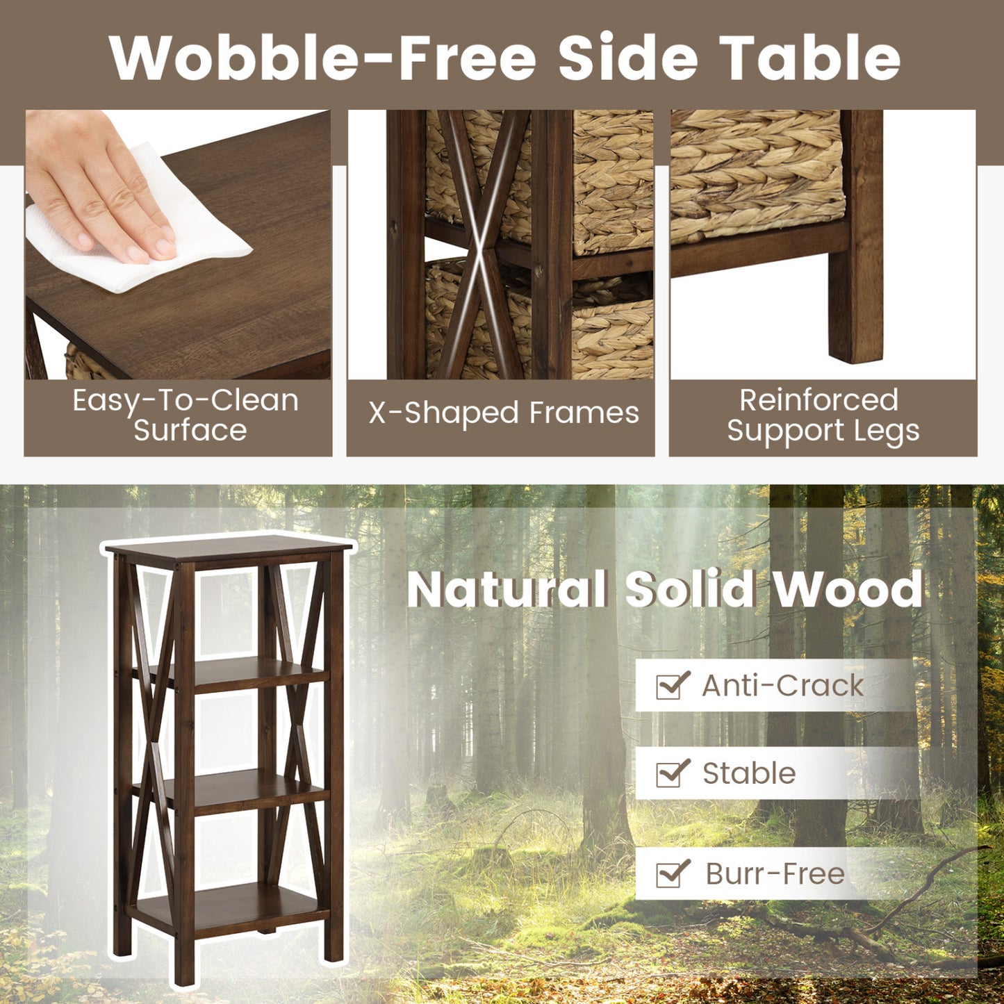 3-Tier Nightstand With 3 Seagrass Baskets, Narrow X-Design, Walnut Nightstands at Gallery Canada