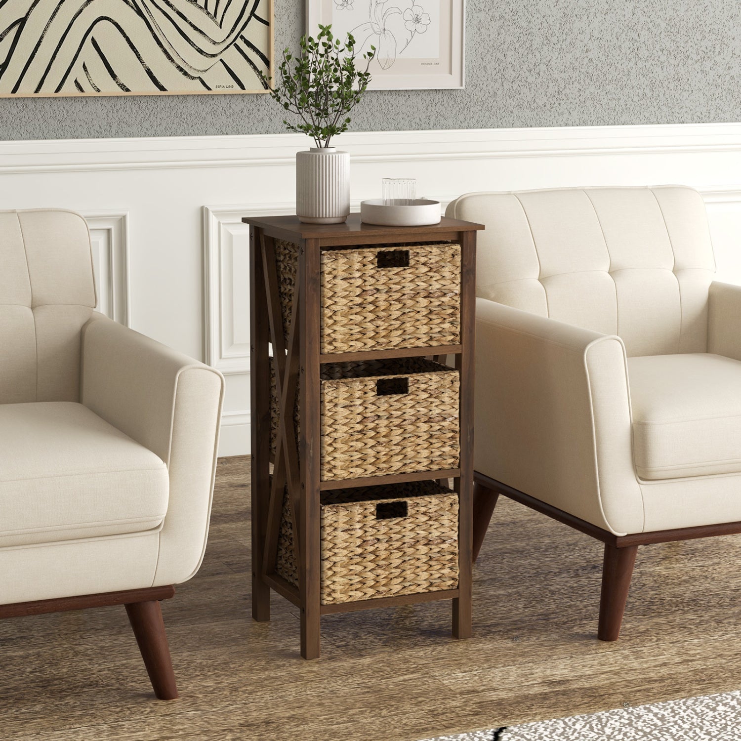 3-Tier Nightstand With 3 Seagrass Baskets, Narrow X-Design, Walnut Nightstands at Gallery Canada
