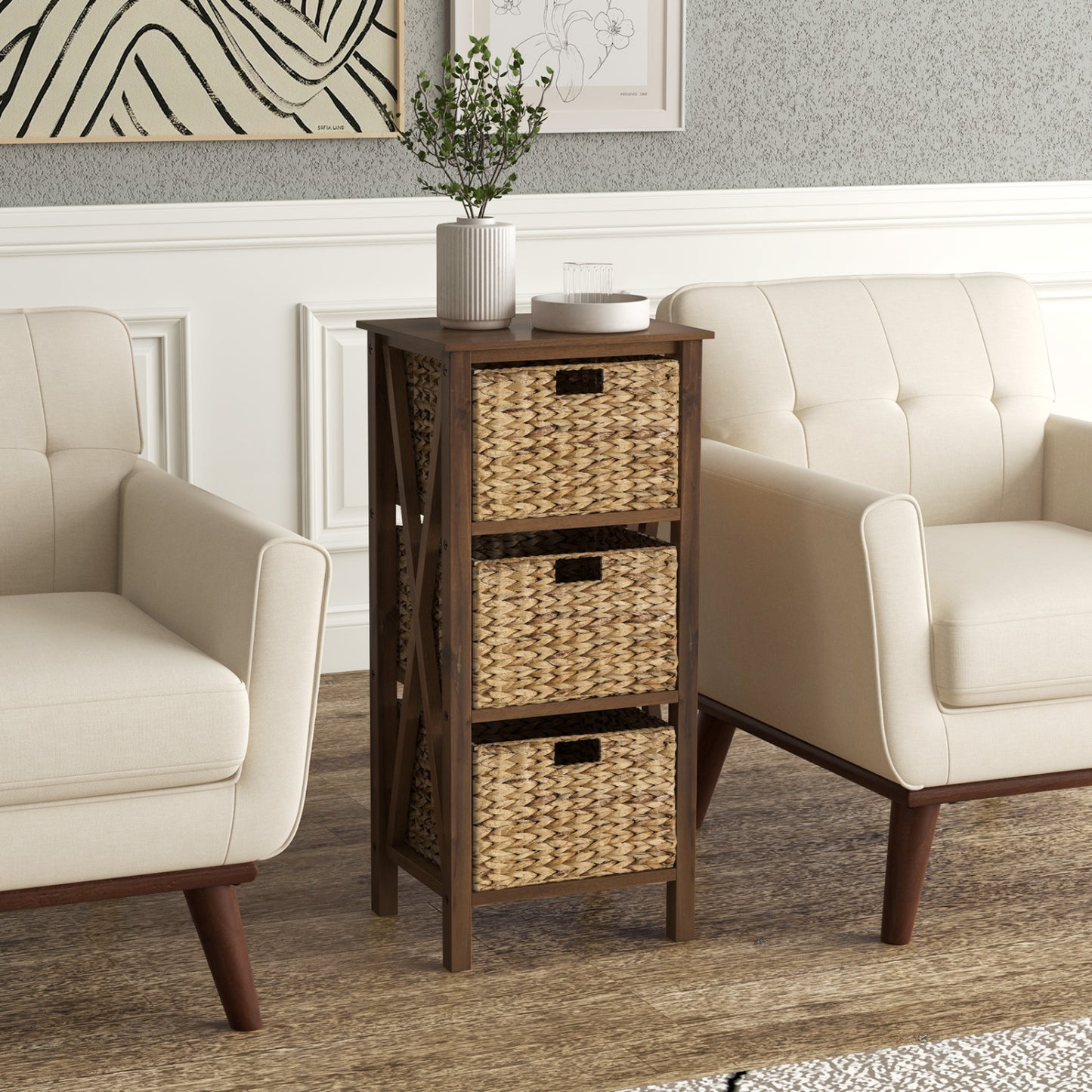 3-Tier Nightstand With 3 Seagrass Baskets, Narrow X-Design, Walnut Nightstands at Gallery Canada