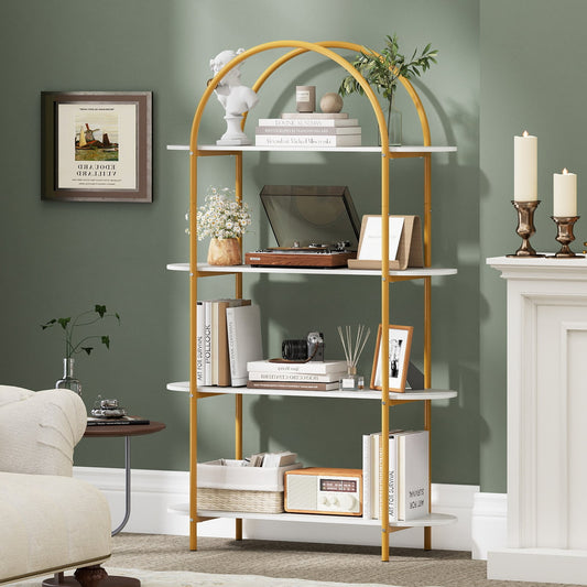 4-Tier Open Bookcase with Sturdy Metal Frame for Living Room-WH, White & Golden Bookcases White & Golden at Gallery Canada