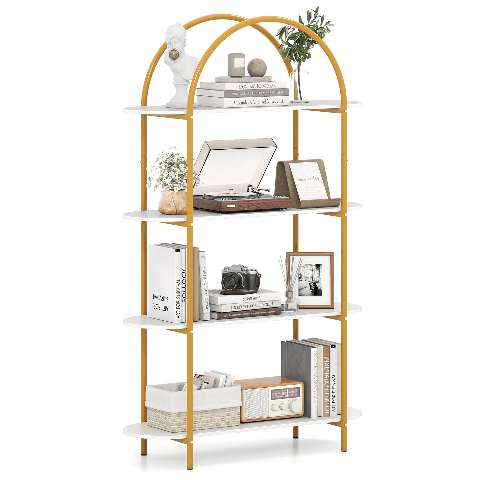 4-Tier Open Bookcase with Sturdy Metal Frame for Living Room-WH, White & Golden Bookcases at Gallery Canada