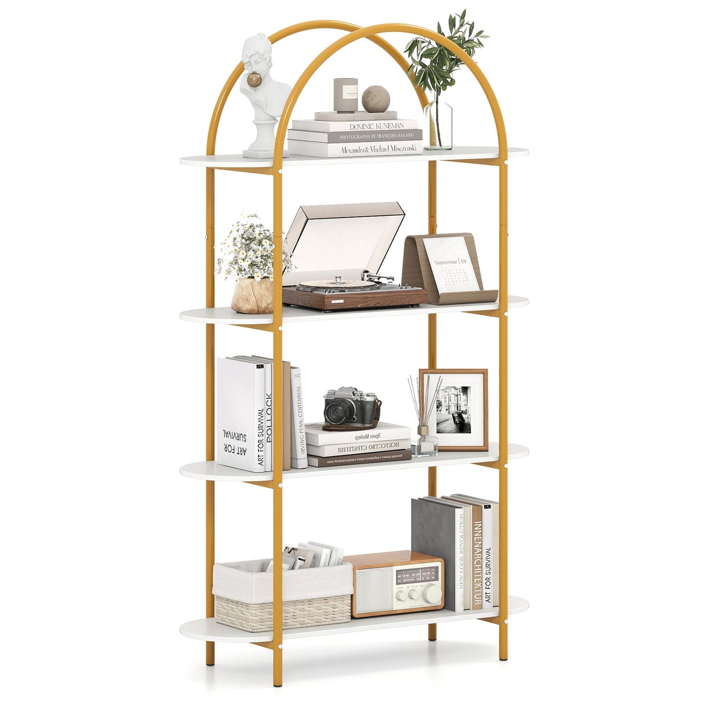 4-Tier Open Bookcase with Sturdy Metal Frame for Living Room-WH, White & Golden Bookcases at Gallery Canada