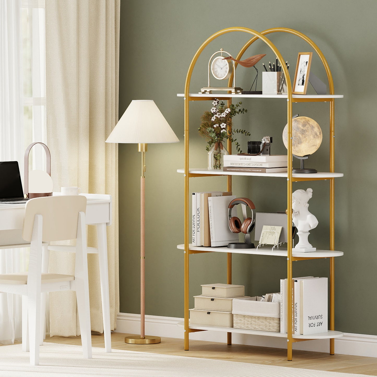 4-Tier Open Bookcase with Sturdy Metal Frame for Living Room-WH, White & Golden Bookcases at Gallery Canada