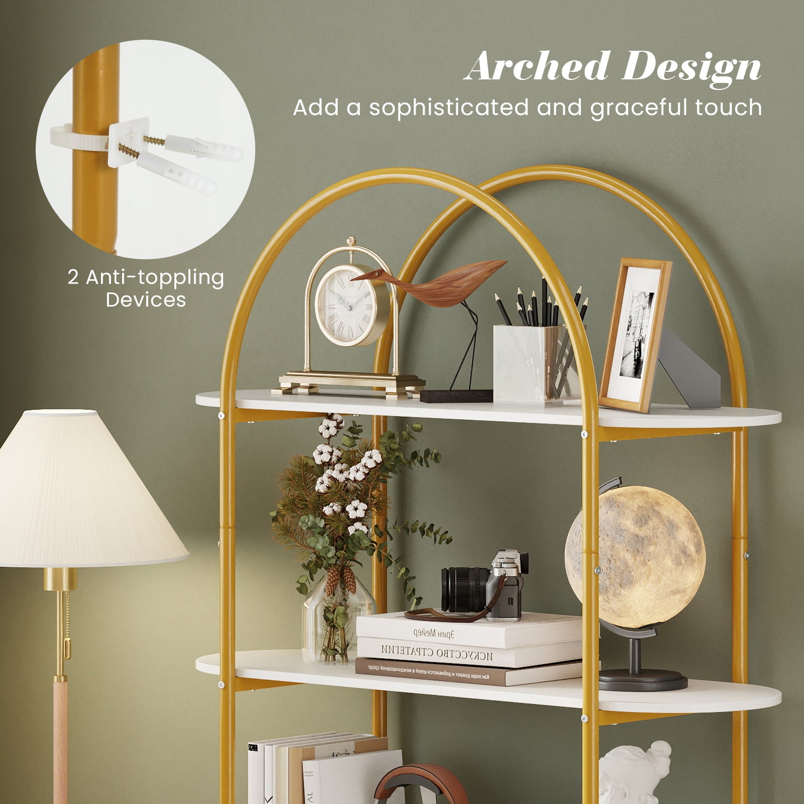 4-Tier Open Bookcase with Sturdy Metal Frame for Living Room-WH, White & Golden Bookcases at Gallery Canada