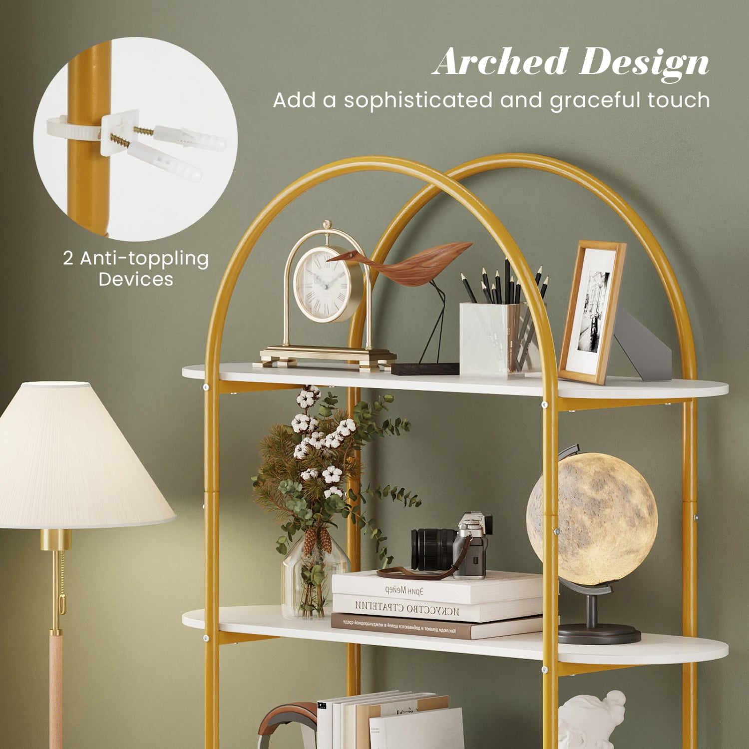 4-Tier Open Bookcase with Sturdy Metal Frame for Living Room-WH, White & Golden Bookcases at Gallery Canada