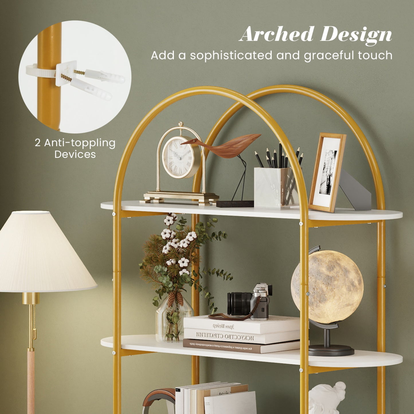 4-Tier Open Bookcase with Sturdy Metal Frame for Living Room-WH, White & Golden Bookcases at Gallery Canada