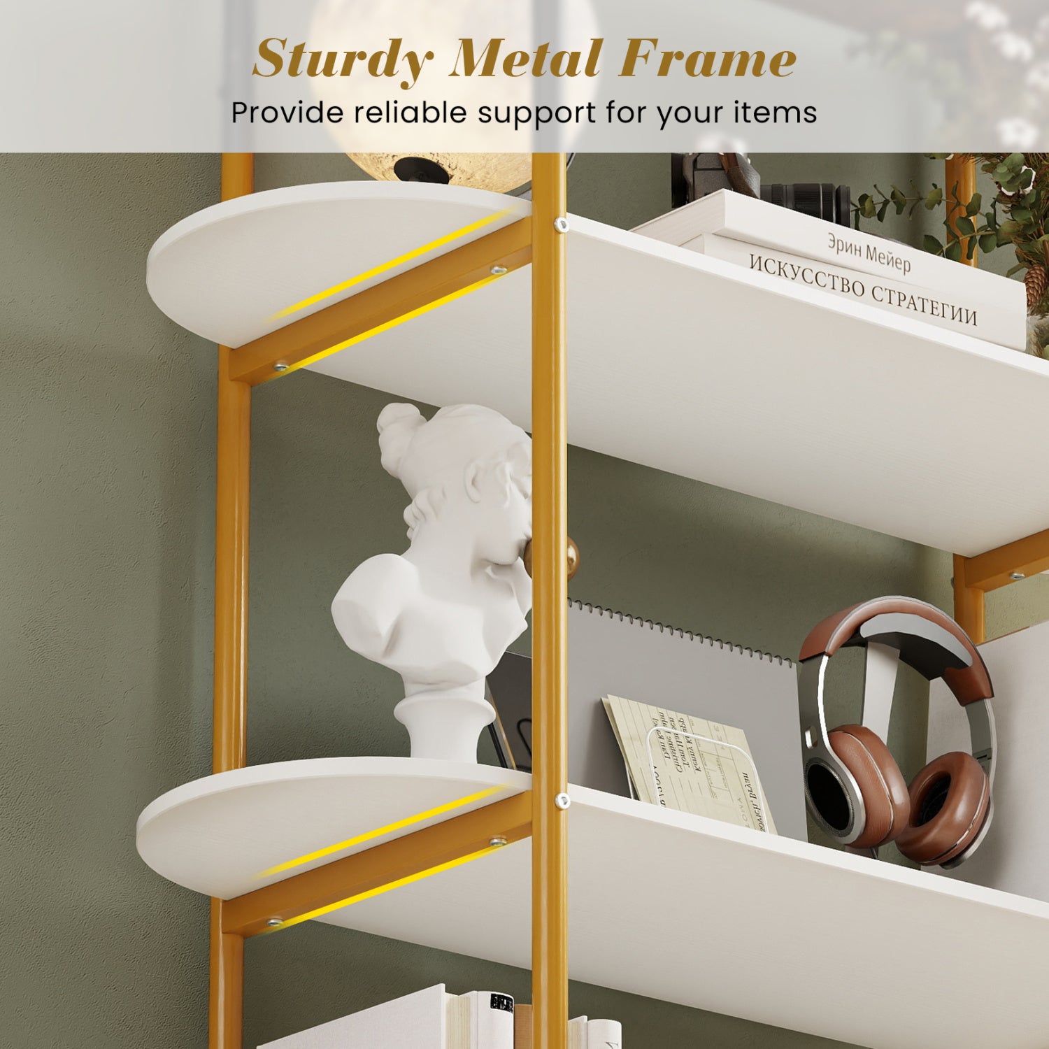 4-Tier Open Bookcase with Sturdy Metal Frame for Living Room-WH, White & Golden Bookcases at Gallery Canada
