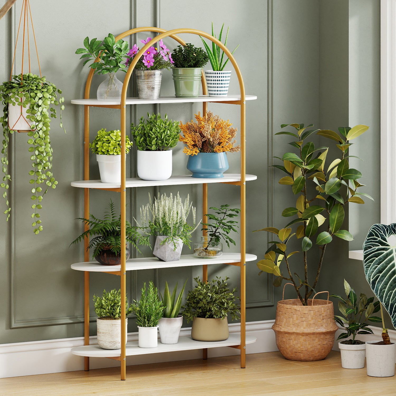 4-Tier Open Bookcase with Sturdy Metal Frame for Living Room-WH, White & Golden Bookcases at Gallery Canada
