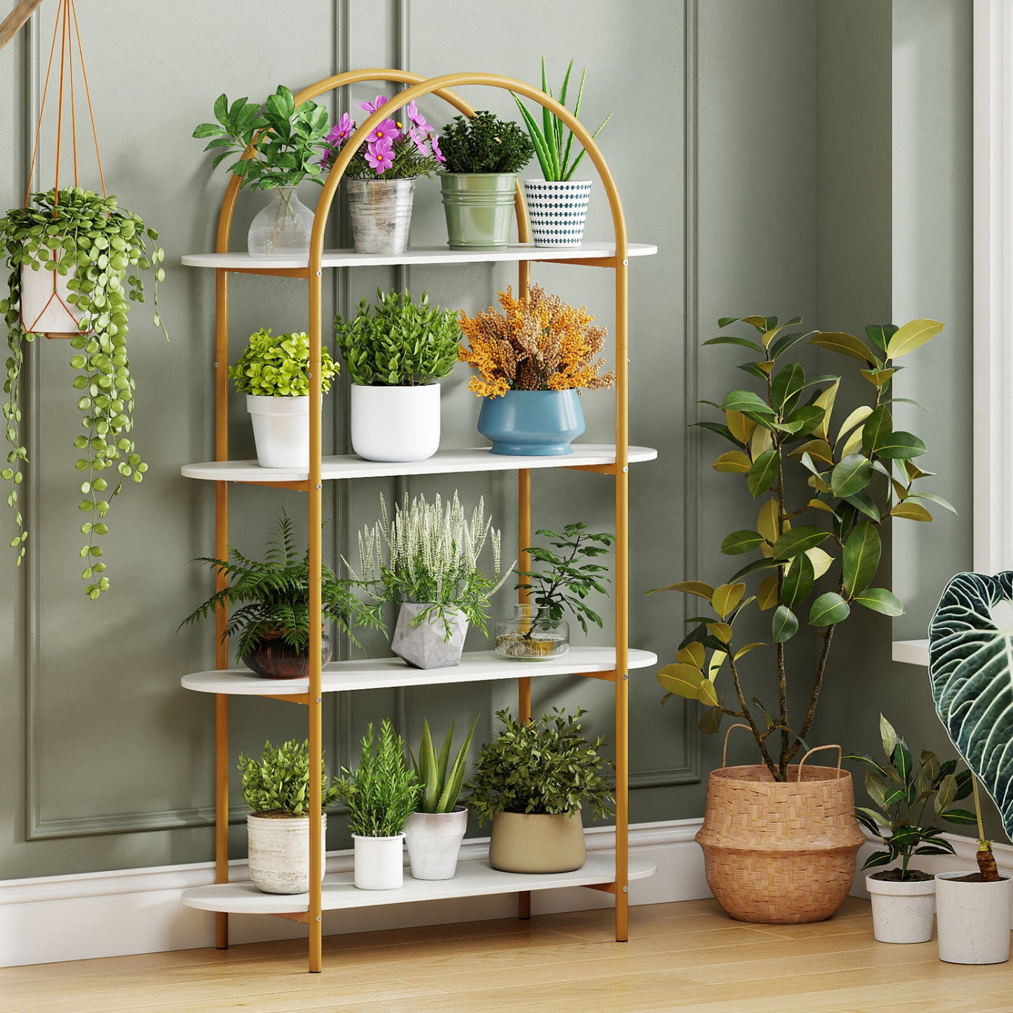 4-Tier Open Bookcase with Sturdy Metal Frame for Living Room-WH, White & Golden Bookcases at Gallery Canada