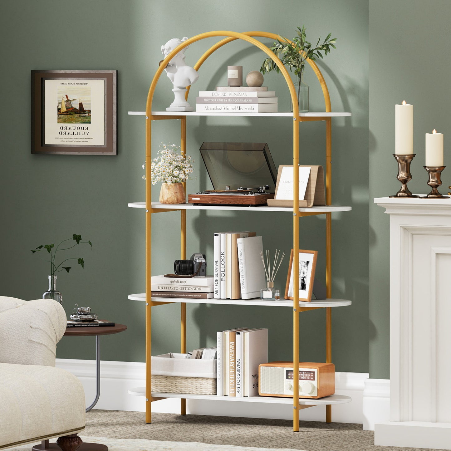 4-Tier Open Bookcase with Sturdy Metal Frame for Living Room-WH, White & Golden Bookcases at Gallery Canada