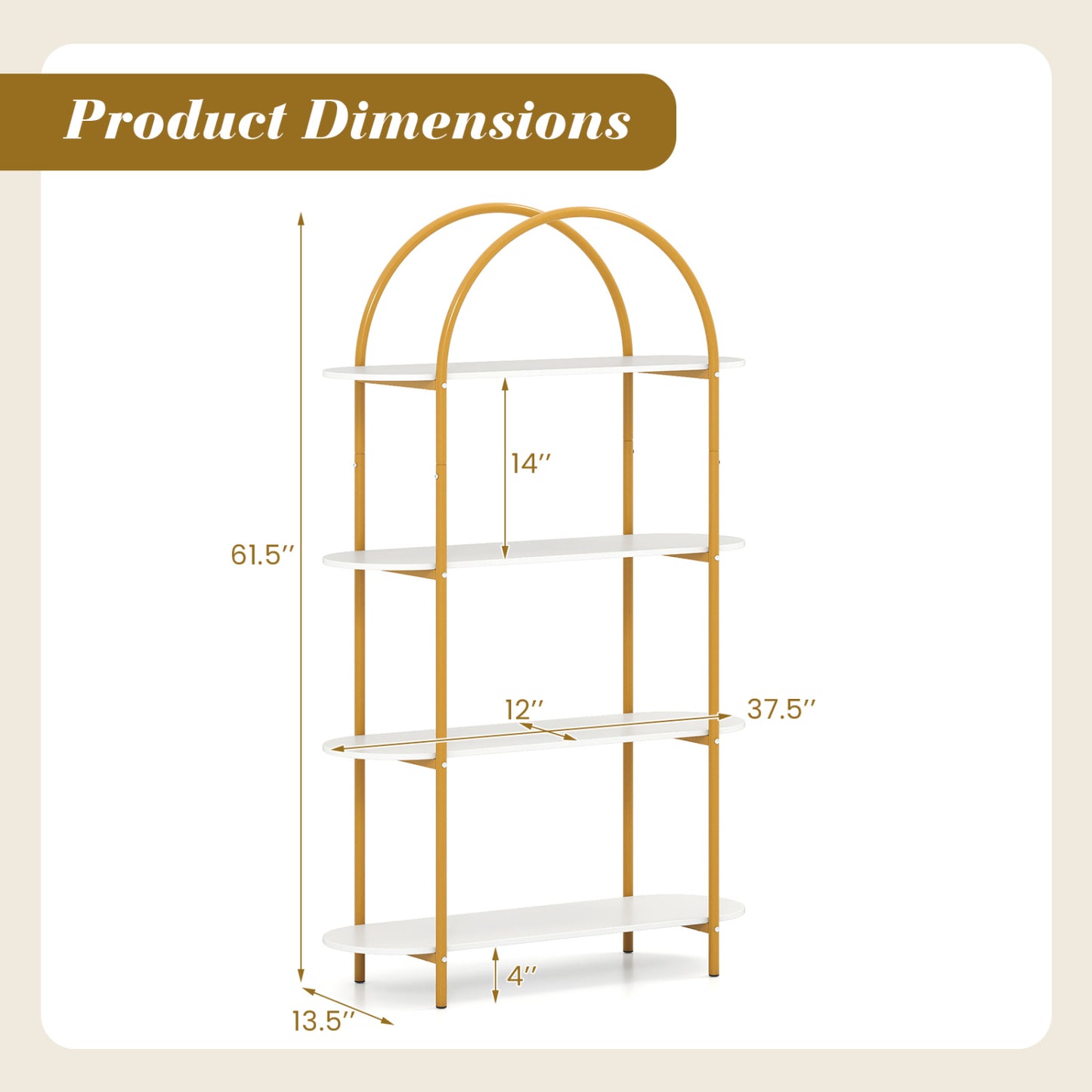 4-Tier Open Bookcase with Sturdy Metal Frame for Living Room-WH, White & Golden Bookcases at Gallery Canada