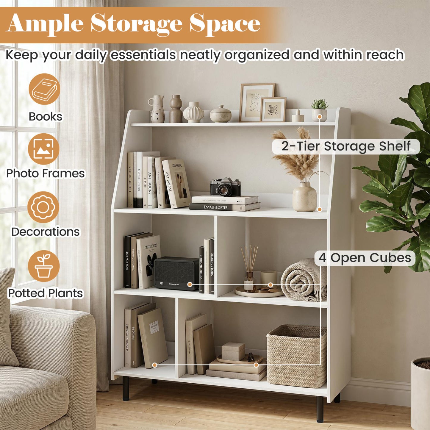 4-Tier Open Bookcase with Anti-Tipping Kits, White
