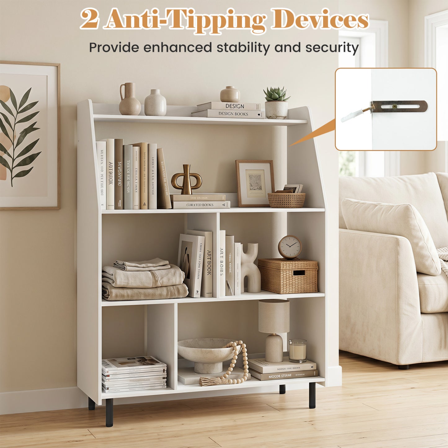 4-Tier Open Bookcase with Anti-Tipping Kits, White