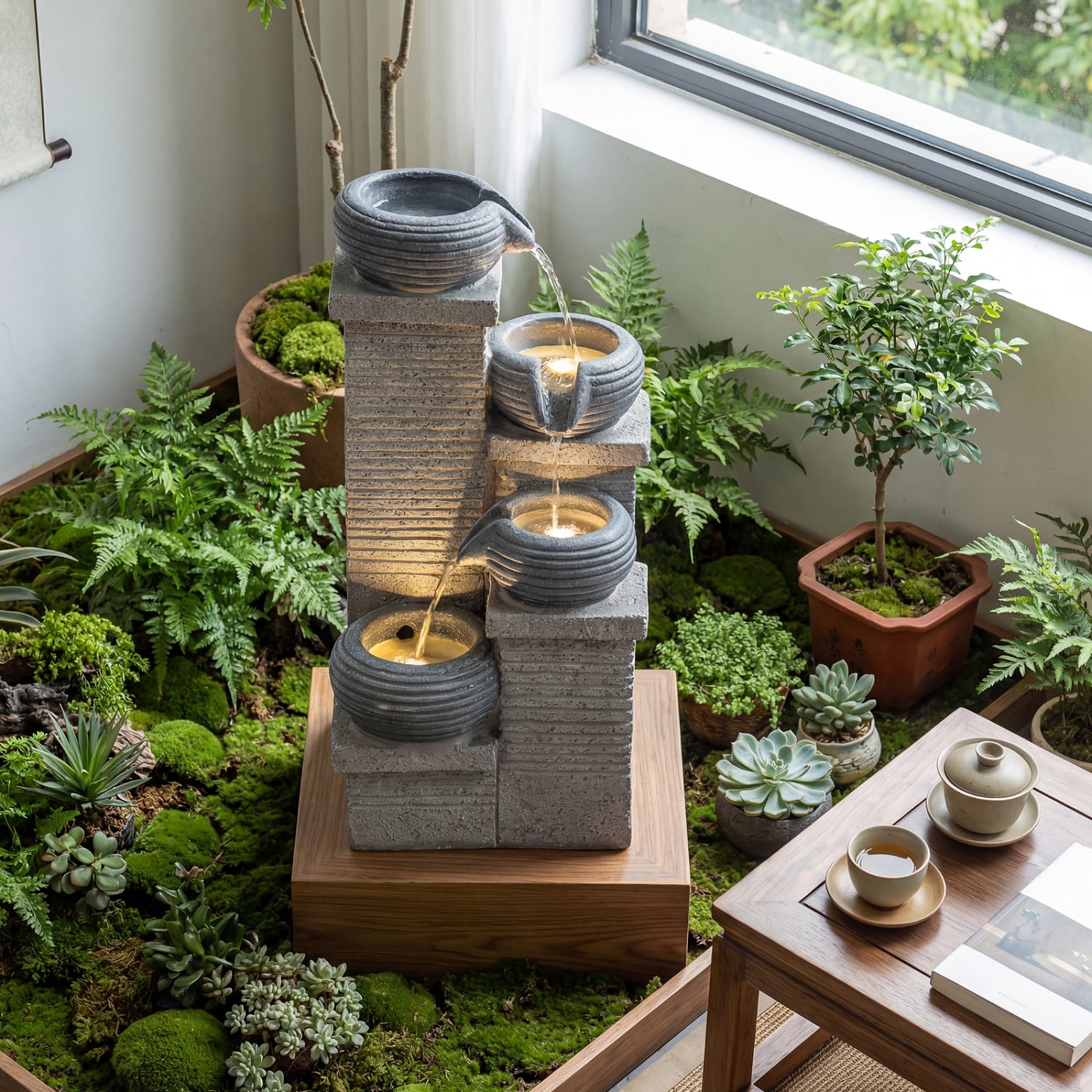 4-Tier Outdoor Water Fountain, Cascading Bowl Waterfall With LED Lights, Gray Outdoor Decor at Gallery Canada