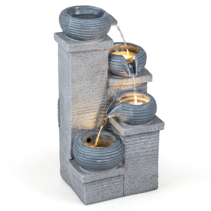 4-Tier Outdoor Water Fountain, Cascading Bowl Waterfall With LED Lights, Gray Outdoor Decor at Gallery Canada