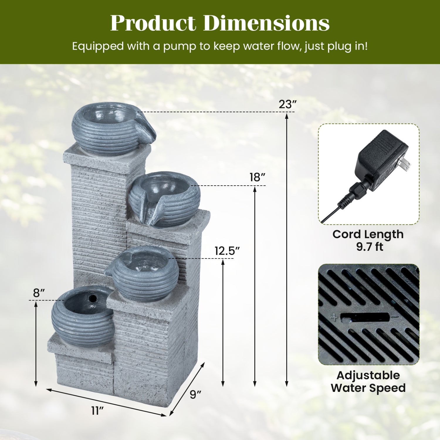 4-Tier Outdoor Water Fountain, Cascading Bowl Waterfall With LED Lights, Gray Outdoor Decor at Gallery Canada