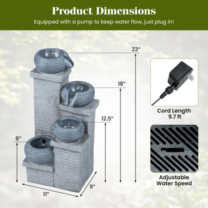 4-Tier Outdoor Water Fountain, Cascading Bowl Waterfall With LED Lights, Gray Outdoor Decor at Gallery Canada