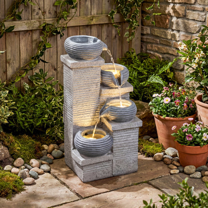 4-Tier Outdoor Water Fountain, Cascading Bowl Waterfall With LED Lights, Gray Outdoor Decor at Gallery Canada