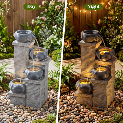 4-Tier Outdoor Water Fountain, Cascading Bowl Waterfall With LED Lights, Gray Outdoor Decor at Gallery Canada
