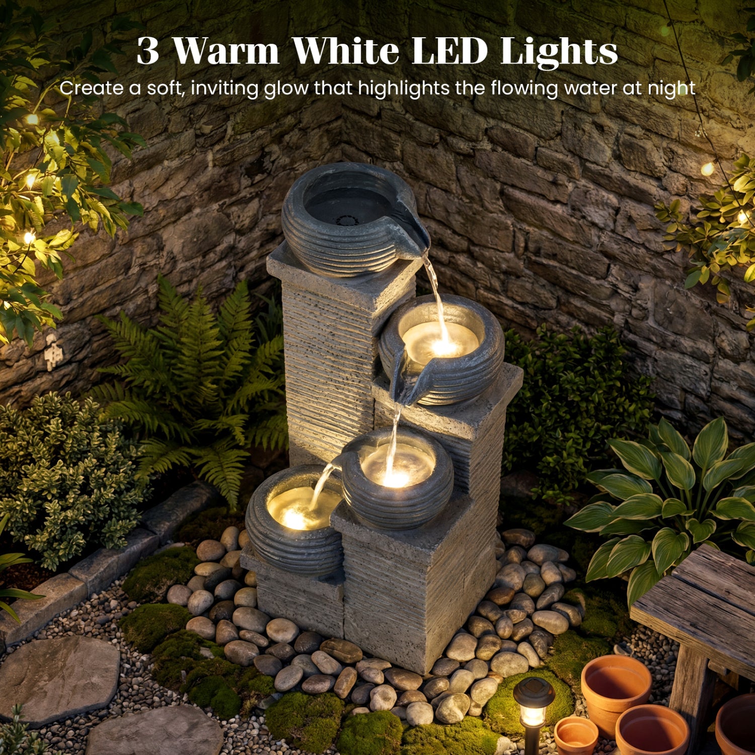 4-Tier Outdoor Water Fountain, Cascading Bowl Waterfall With LED Lights, Gray Outdoor Decor at Gallery Canada