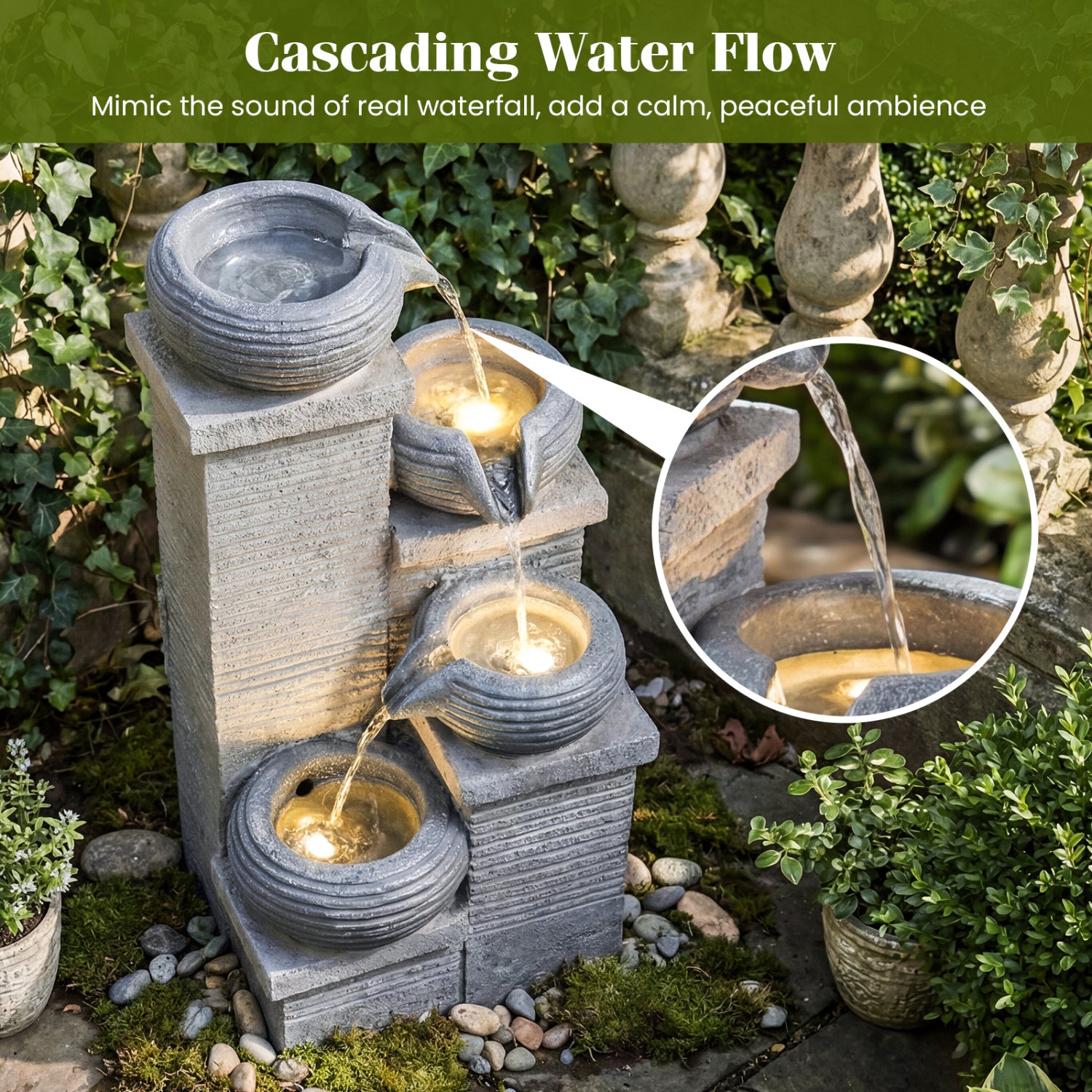4-Tier Outdoor Water Fountain, Cascading Bowl Waterfall With LED Lights, Gray Outdoor Decor at Gallery Canada