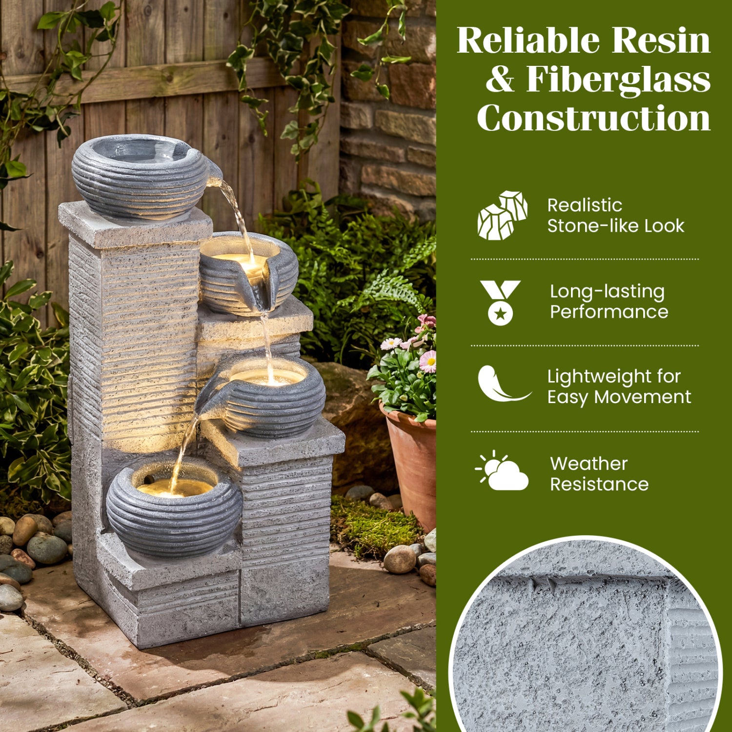 4-Tier Outdoor Water Fountain, Cascading Bowl Waterfall With LED Lights, Gray Outdoor Decor at Gallery Canada