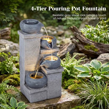 4-Tier Outdoor Water Fountain, Cascading Bowl Waterfall With LED Lights, Gray Outdoor Decor at Gallery Canada
