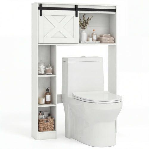 4-Tier Over The Toilet Storage Cabinet with Sliding Barn Door and Storage Shelves, White