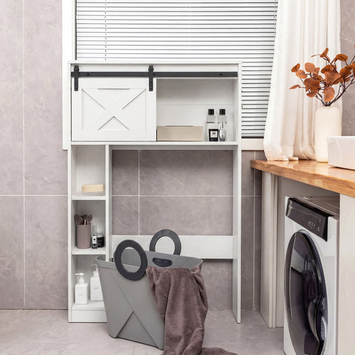 4-Tier Over The Toilet Storage Cabinet with Sliding Barn Door and Storage Shelves, White