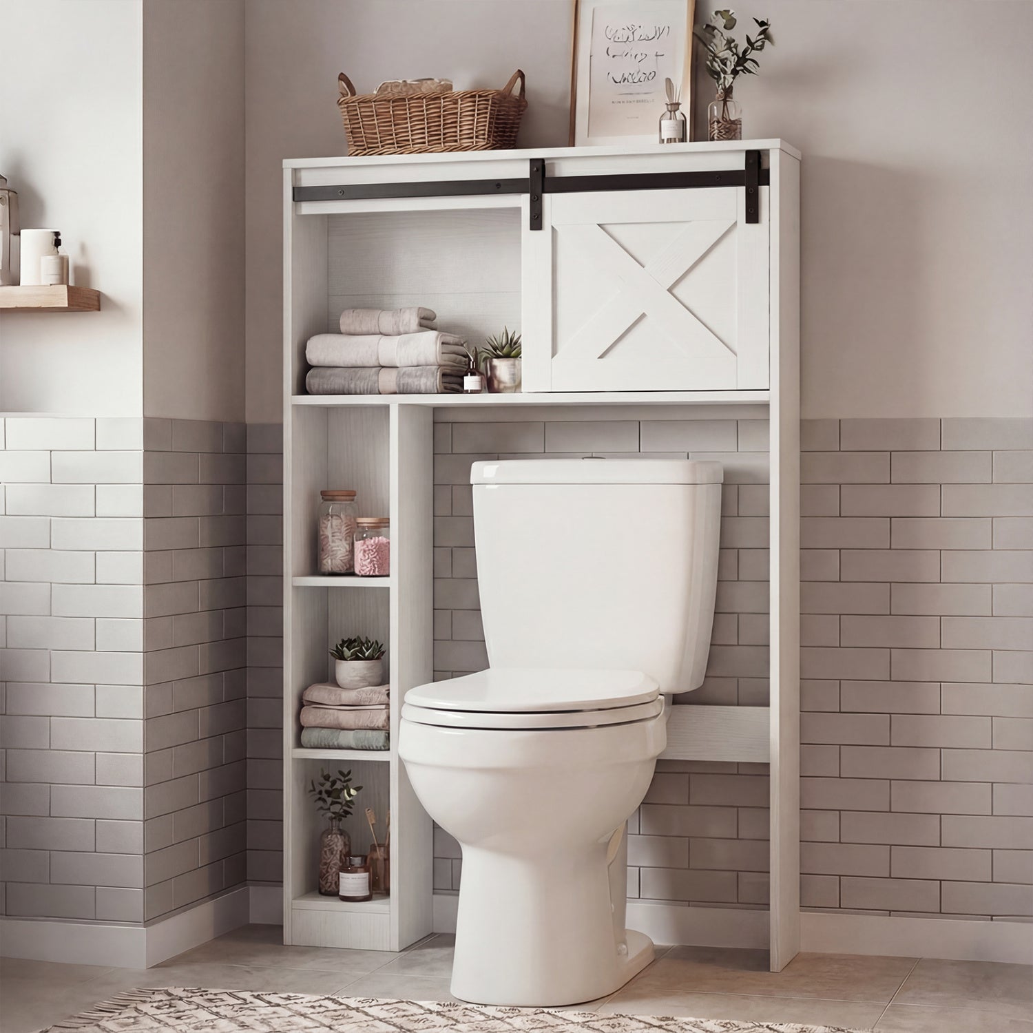 4-Tier Over The Toilet Storage Cabinet with Sliding Barn Door and Storage Shelves, White Bathroom Etagere at Gallery Canada