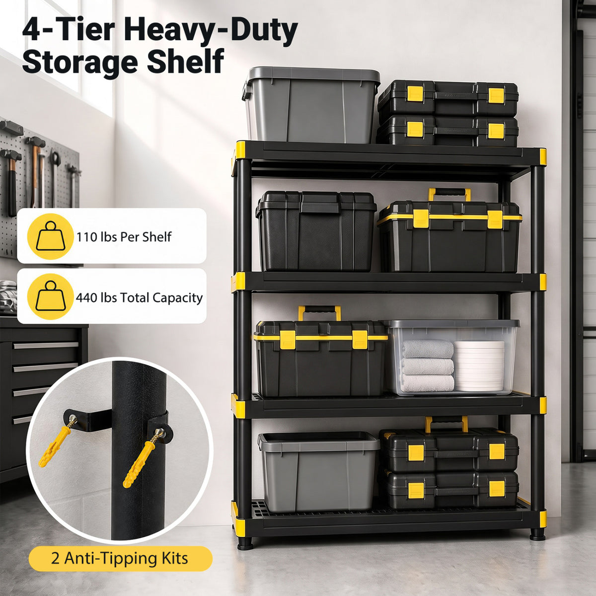 4-Tier Plastic Storage Shelf Heavy-Duty Utility Rack Set of 2, Black