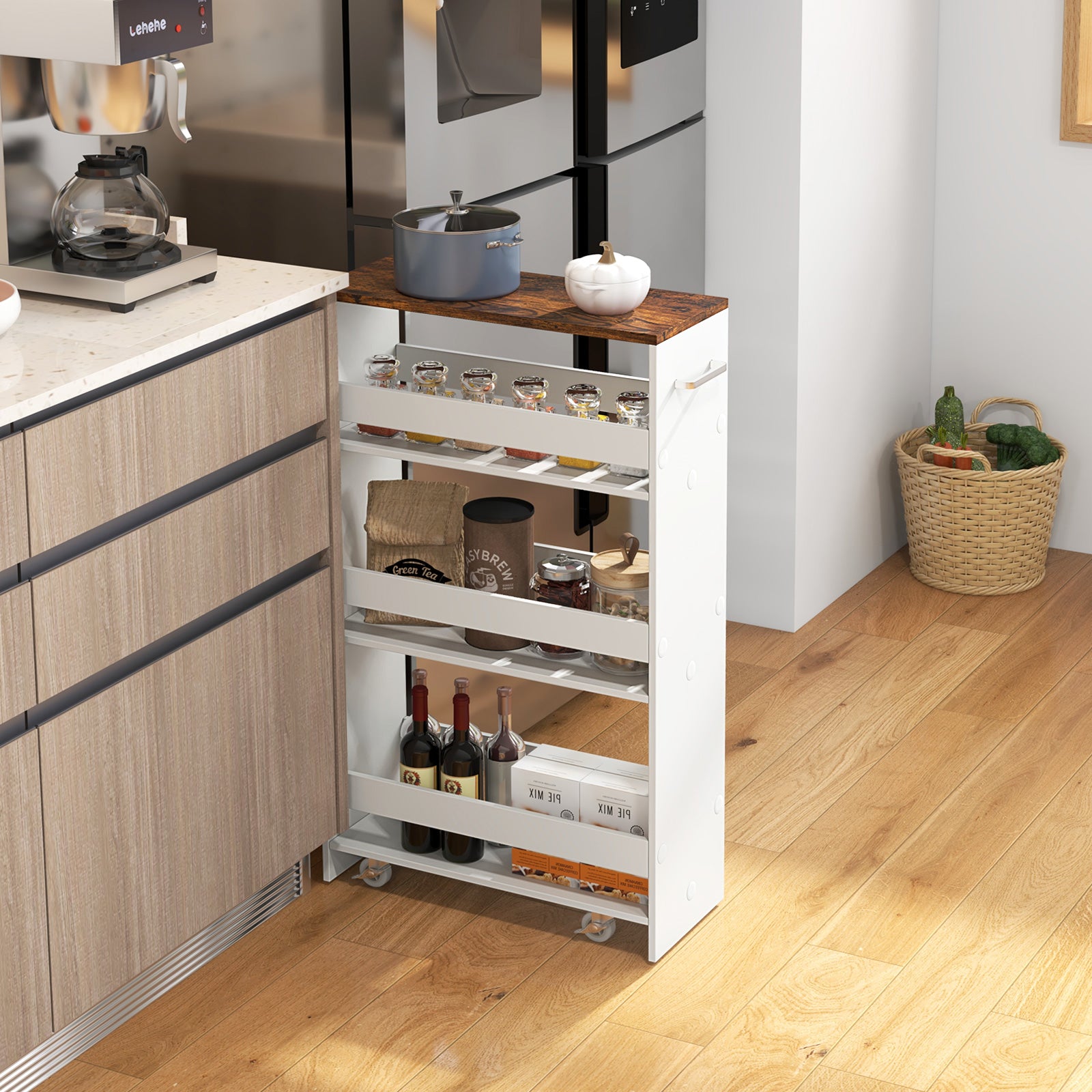 4-Tier Rolling Storage Cart Slim Kitchen Cart on Wheels with Open Shelves and Handle, Rustic Brown Kitchen Islands & Carts at Gallery Canada
