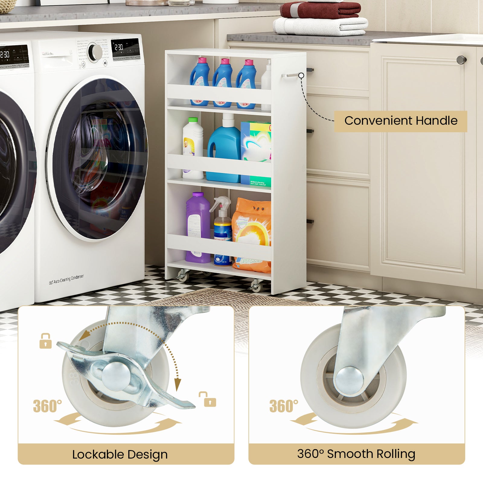 4-Tier Rolling Storage Cart Slim Kitchen Cart on Wheels with Open Shelves and Handle, White Kitchen Islands & Carts at Gallery Canada